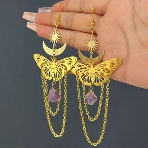 Butterfly and crystal boho drop earrings